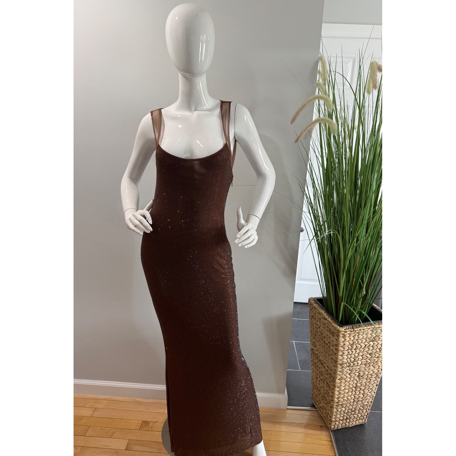 Meshki Jasmyn Chocolate Hot Fix Embellished Mesh Maxi Dress Open Back Size S — image 6 of 8